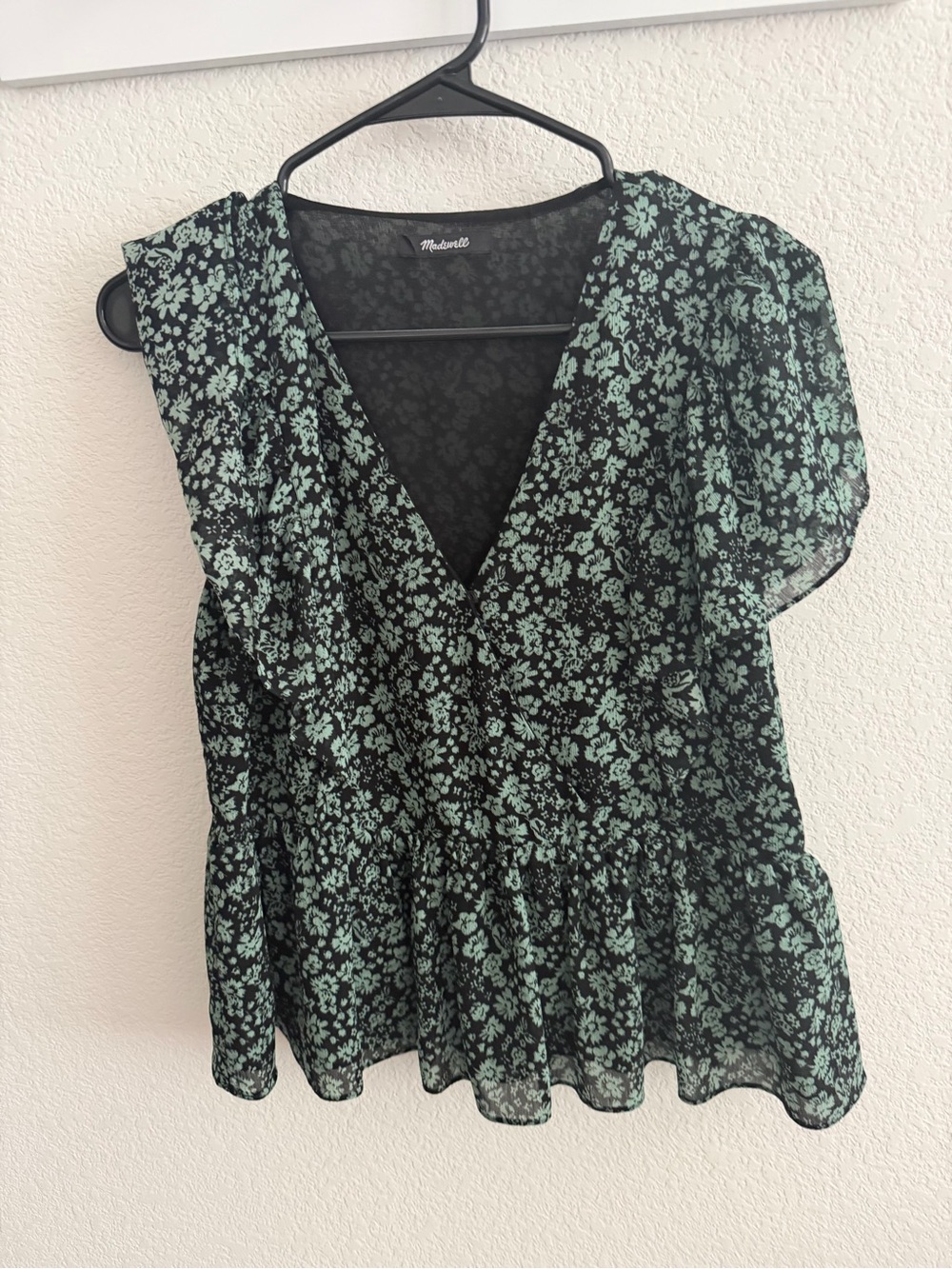 Madewell Black Floral Wrap Peplum Top with Mint Print